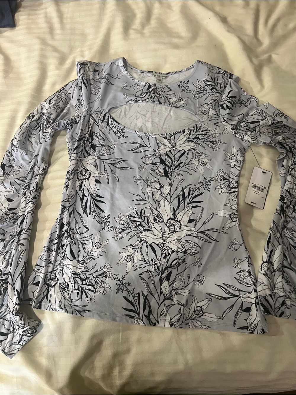 Guess Light Blue Floral Cutout Long-Sleeve Top